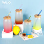 WUJOSUB Boîte en verre à sublimation 12 oz Couvercle en bambou Couleur Boîte en verre à sublimation avec paille